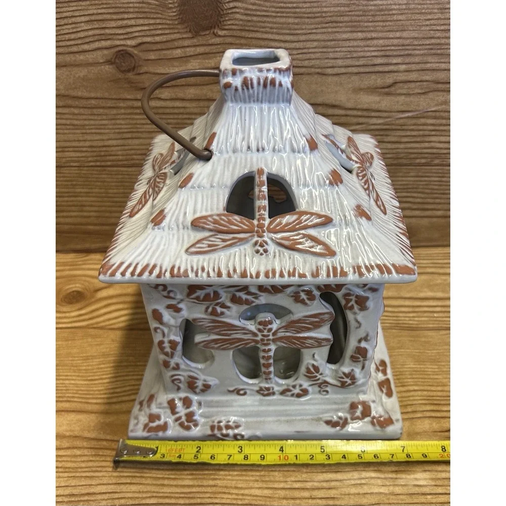 Partylite‎ Pottery Dragonfly White Terra Cotta Candle Lantern Hut Leaves - Picture 6 of 7